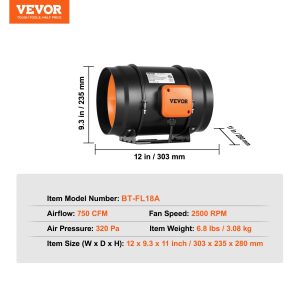 Канален вентилатор VEVOR BT-FL18A, Диаметър 203.2 mm, Дебит 860 м³/ч, С регулатор за плавна промяна на скоростта - Image 7