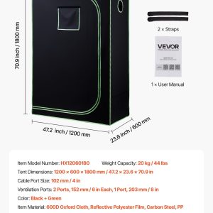 Гроубокс VEVOR HX12060180, Размери 120 x 60 x 180 cm, Плат 600D и Товароносимост 20 кг, За отглеждане на зеленчуци, цветя и билки на закрито - Image 7