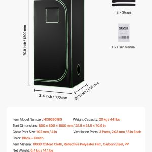 Гроубокс VEVOR HX8080180, Размери 80 x 80 x 180 cm, Плат 600D и Mylar покритие, За отглеждане на зеленчуци, цветя и билки на закрито - Image 7