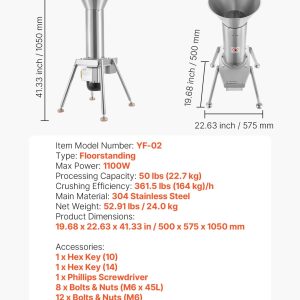Мелачка за плодове VEVOR VEVOR YF-02, Мощност 1100 W, Неръждаема стомана, Подходяща за ябълки, круши, ананас, гуава, моркови и картофи - Image 7