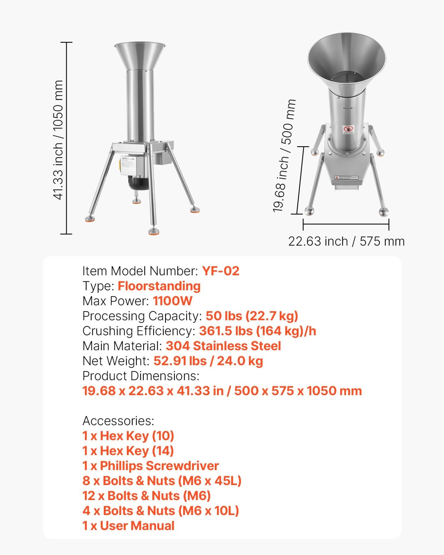 Мелачка за плодове VEVOR VEVOR YF-02, Мощност 1100 W, Неръждаема стомана, Подходяща за ябълки, круши, ананас, гуава, моркови и картофи - Image 7