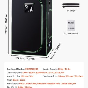 Гроубокс VEVOR HX120120200, Размери 120 x 120 x 200 cm, Плат 600D и Товароносимост 20 kg, За отглеждане на зеленчуци, цветя и билки на закрито - Image 7