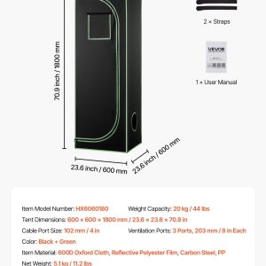 Гроубокс за растения VEVOR HX6060180, Размери 60 x 60 x 180 cm, Отразяващо Mylar покритие, За отглеждане на зеленчуци, цветя и билки на закрито - Image 7