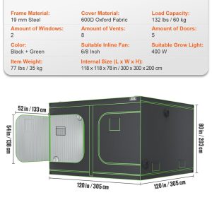 Голям гроубокс VEVOR GT600D120, Размери 305 x 305 x 203 cm, 5 входа и Mylar покритие, За отглеждане на зеленчуци, цветя и билки на закрито - Image 7