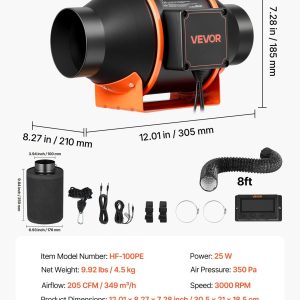 Канален вентилатор за гроубокс VEVOR HF-100PE, Диаметър 100 mm, Дебит 349 м³/ч, С карбонов филтър и Контролер за температура и влажност - Image 7
