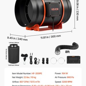 Канален вентилатор VEVOR HF-200PE, Диаметър 203 mm, Дебит 1372 м³/ч, С карбонов филтър и Контролер за температура и влажност - Image 7