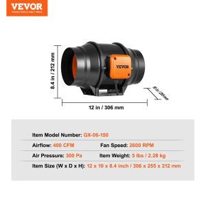 Канален вентилатор VEVOR GX-06-150-1, Диаметър 152.4 mm, Дебит 550 м³/ч, С регулатор за Извеждане на топлина, влага, дим и застоял въздух - Image 7