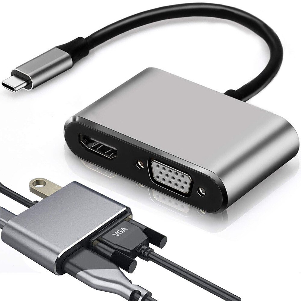 USB-C хъб 4 в 1 с HDMI 4K, VGA, USB 3.0 и USB-C Power Delivery 100W.