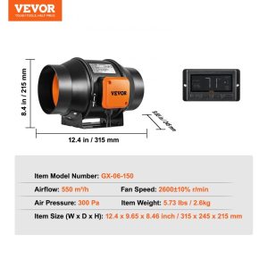 Канален вентилатор VEVOR GX-06-150, Диаметър на въздуховода 150 мм, Дебит 550 м³/ч, Включен контролер за температура и влажнос - Image 9