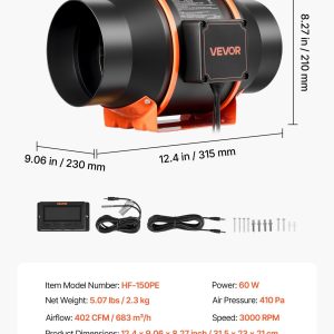 Интелигентен канален вентилатор VEVOR HF-150PE-1, Диаметър 152.4 mm, Дебит 683 м³/ч, Скорост на въртене 3000 об./мин - Image 7