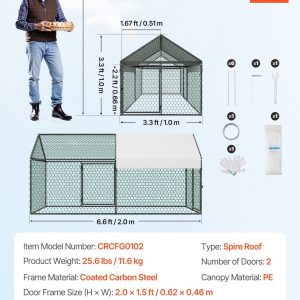 Метален кокошарник VEVOR CRCFG0102, Размери 1 x 2 x 1 м, За 4-6 кокошки, Двускатна покривна конструкция и рамка от въглеродна стомана - Image 7