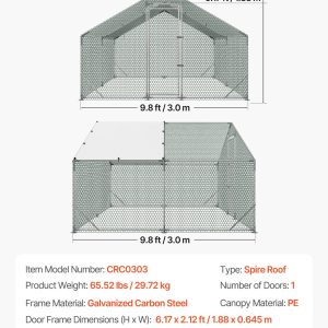 Метален кокошарник VEVOR CRCO303, Размери 3 x 3 x 2 м, Двускатен покрив, Защитна мрежа и врата за двор, градина, ферма или малко стопанство - Image 7