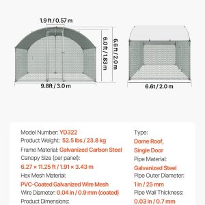 Метален кокошарник VEVOR YD322, Размери 3 x 2 x 2 м, За 9-13 кокошки, Куполен покрив и защитна мрежа - Image 7