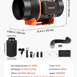Канален вентилатор за гроубокс VEVOR HF-150PE, Диаметър 152.4 mm, Дебит 683 м³/ч, С карбонов филтър и Контролер за температура и влажност - Image 7