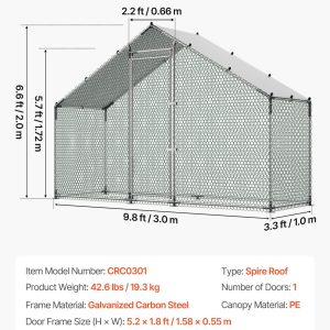 Метален кокошарник VEVOR CRCO301, Размери 3 x 1 x 2 м, Двускатен покрив, Защитна мрежа и врата - Image 7