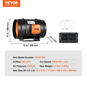 Канален вентилатор VEVOR GX-08-200, Диаметър 203.2 mm, Дебит 860 м³/ч, С контролер за Извеждане на топлина, влага, дим и застоял въздух - Image 7