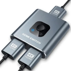 HDMI превключвател 2x1 / 1x2 с поддръжка на 4K x 2K и ръчен бутон за избор на вход или изход.