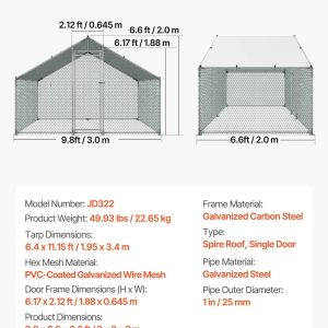 Кокошарник за 10 кокошки VEVOR JD322, Размери 3 x 2 x 2 м, Двускатен покрив, Защитна мрежа и врата за монтаж в двор и градина - Image 7