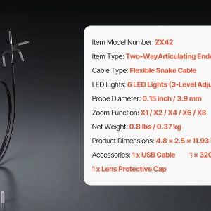 Инспекционна камера VEVOR ZX42 Slim, Диаметър на камерата 3.9 мм, Ъгъл на управление 180°, Дължина на кабела 1.5 метра - Image 7