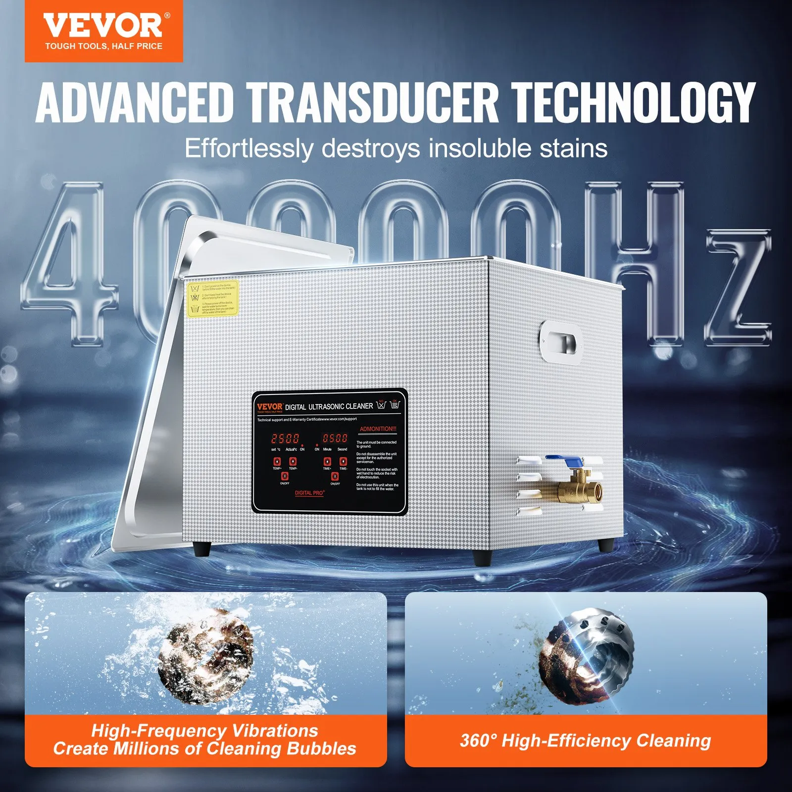 Ултразвукова вана Vevor KZ-D15, Обем 15 литра, Честота 40 kHz, С нагряване до 80°C, Подходяща за части за велосипеди и автомобилни компоненти - Image 2