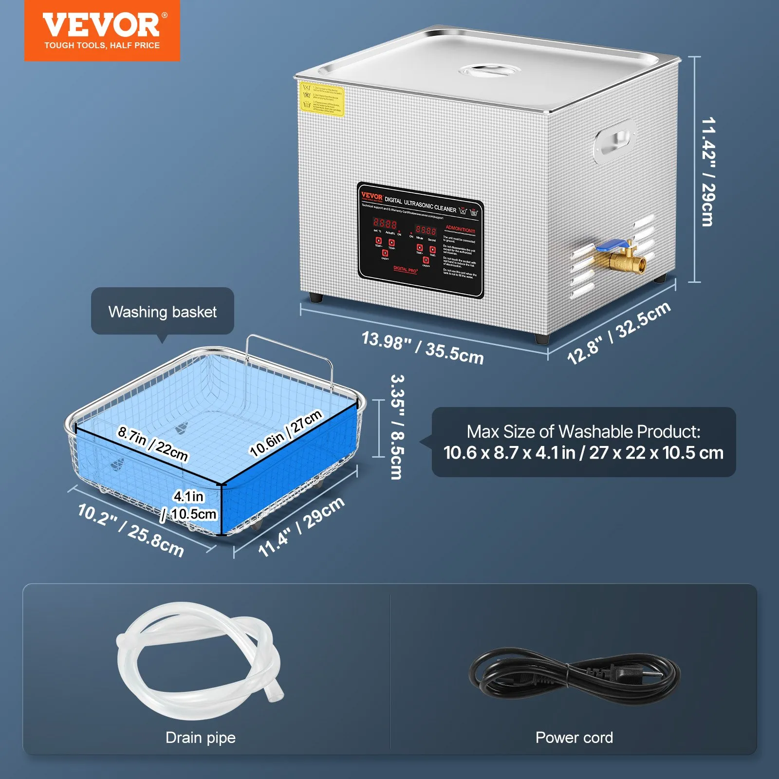 Ултразвукова вана Vevor KZ-D15, Обем 15 литра, Честота 40 kHz, С нагряване до 80°C, Подходяща за части за велосипеди и автомобилни компоненти - Image 7
