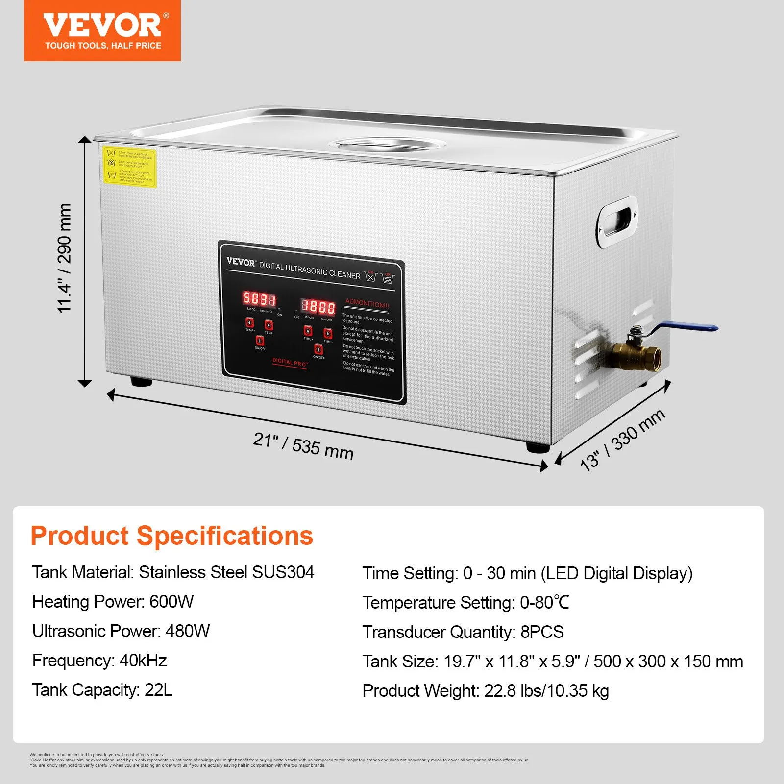 Ултразвукова почистваща вана Vevor 22 литра, 40 kHz, Нагряване до 80°C, Подходяща за карбуратори, свещи за автомобил, части от двигатели - Image 7