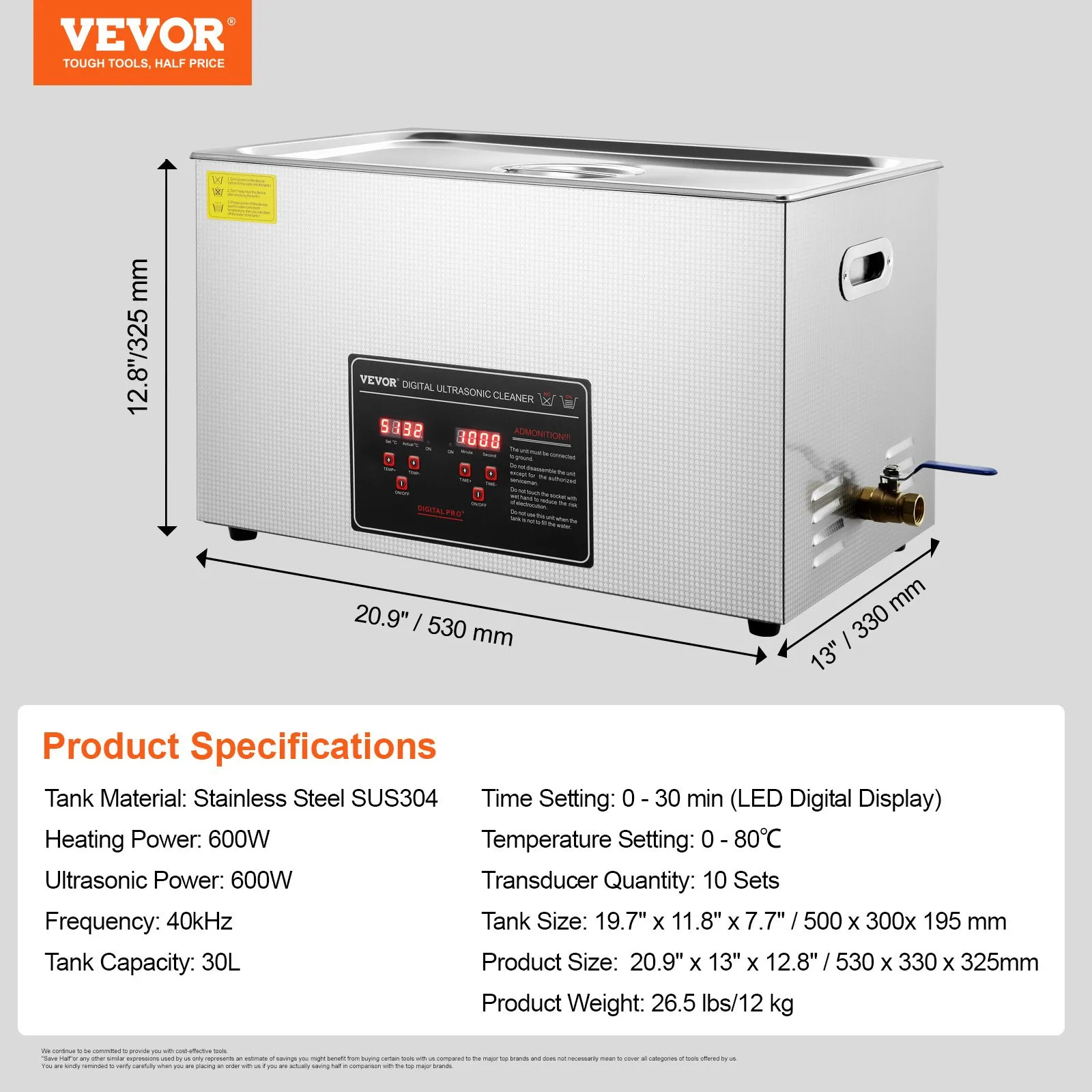 Ултразвукова вана за почистване Vevor 30 литра, Цифров таймер, Нагряване до 80°C, 40 kHz, За автомобилни компоненти, части от косачки, части на огнестрелни оръжия - Image 7