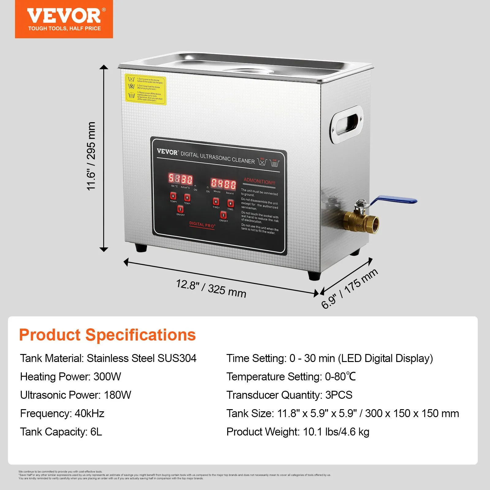 Ултразвукова почистваща вана Vevor KZ D6, Обем 6 литра, Нагряване 350 W, Подходяща за различни домакински предмети, очила, малки метални изделия - Image 7
