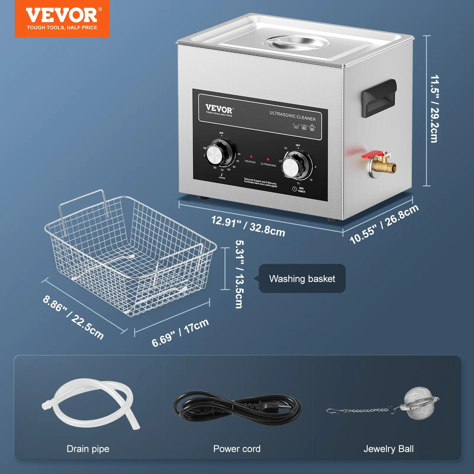 Ултразвукова вана Vevor TH-40AXN, Обем 10 литра, Честота 40 kHz, Подгряване до 110°C - Image 7