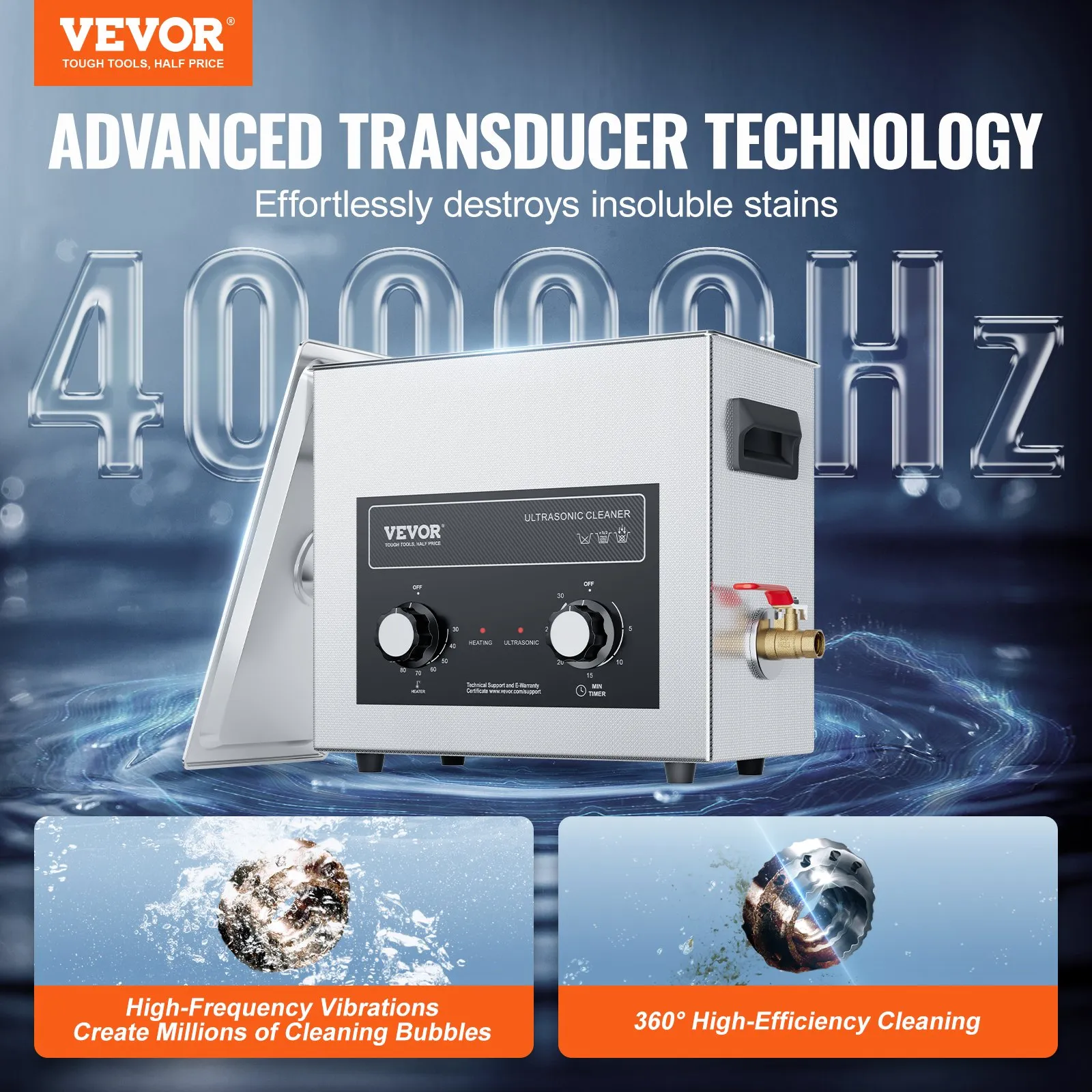 Ултразвукова вана Vevor TH-30AXN, 6 литра, 40 kHz, Нагряване до 110°C, За почистване на гилзи, часовникарски компоненти и инструменти - Image 2