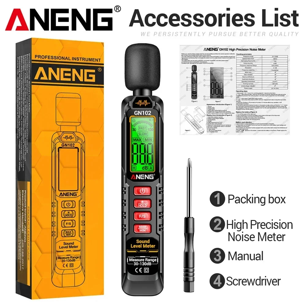 Уред за измерване на шум ANENG GN102, Измерване от 30 до 130 dB, За измерване на шум у дома, в офиса и на работното място - Image 9