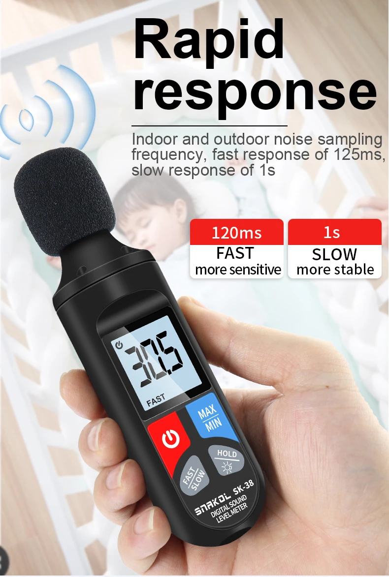 Уред за измерване на децибели Snakol SK-38, Обхват 30 до 130 dB, Точност ±1.5 dB, Бързо и бавно измерване - Image 3