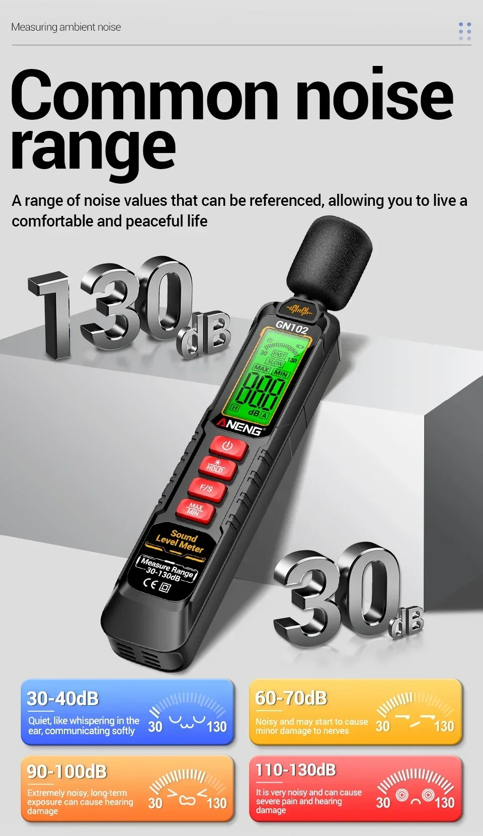 Уред за измерване на шум ANENG GN102, Измерване от 30 до 130 dB, За измерване на шум у дома, в офиса и на работното място - Image 11