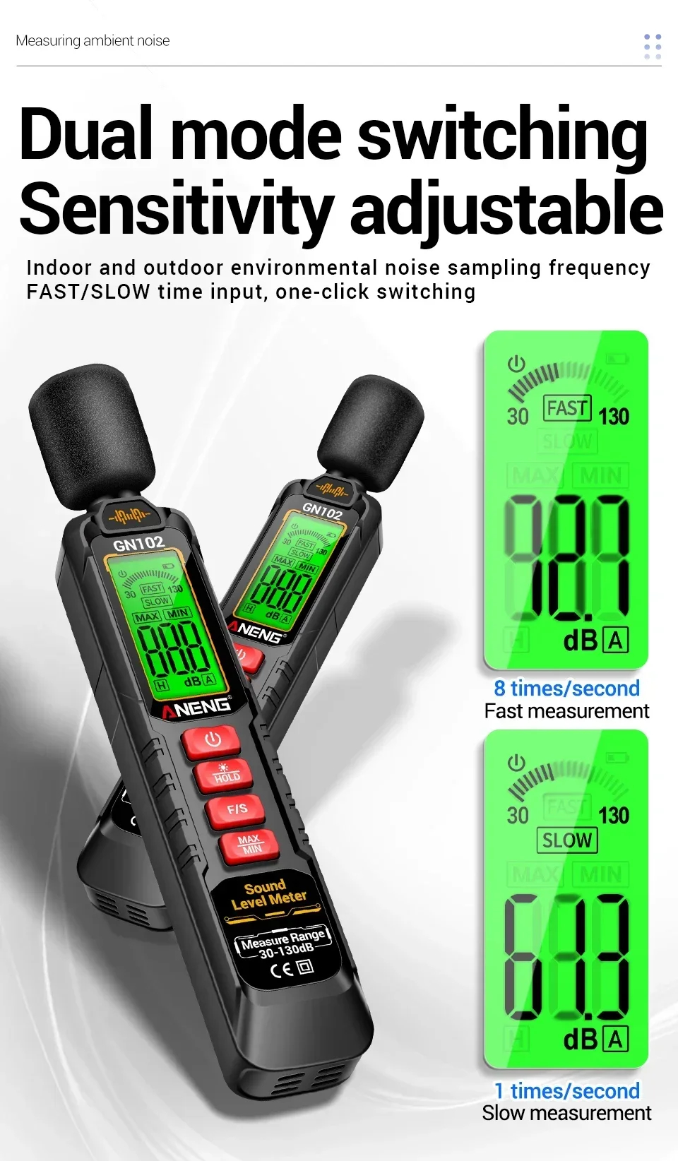 Уред за измерване на шум ANENG GN102, Измерване от 30 до 130 dB, За измерване на шум у дома, в офиса и на работното място - Image 4