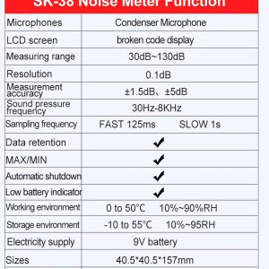 Уред за измерване на децибели Snakol SK-38, Обхват 30 до 130 dB, Точност ±1.5 dB, Бързо и бавно измерване - Image 5