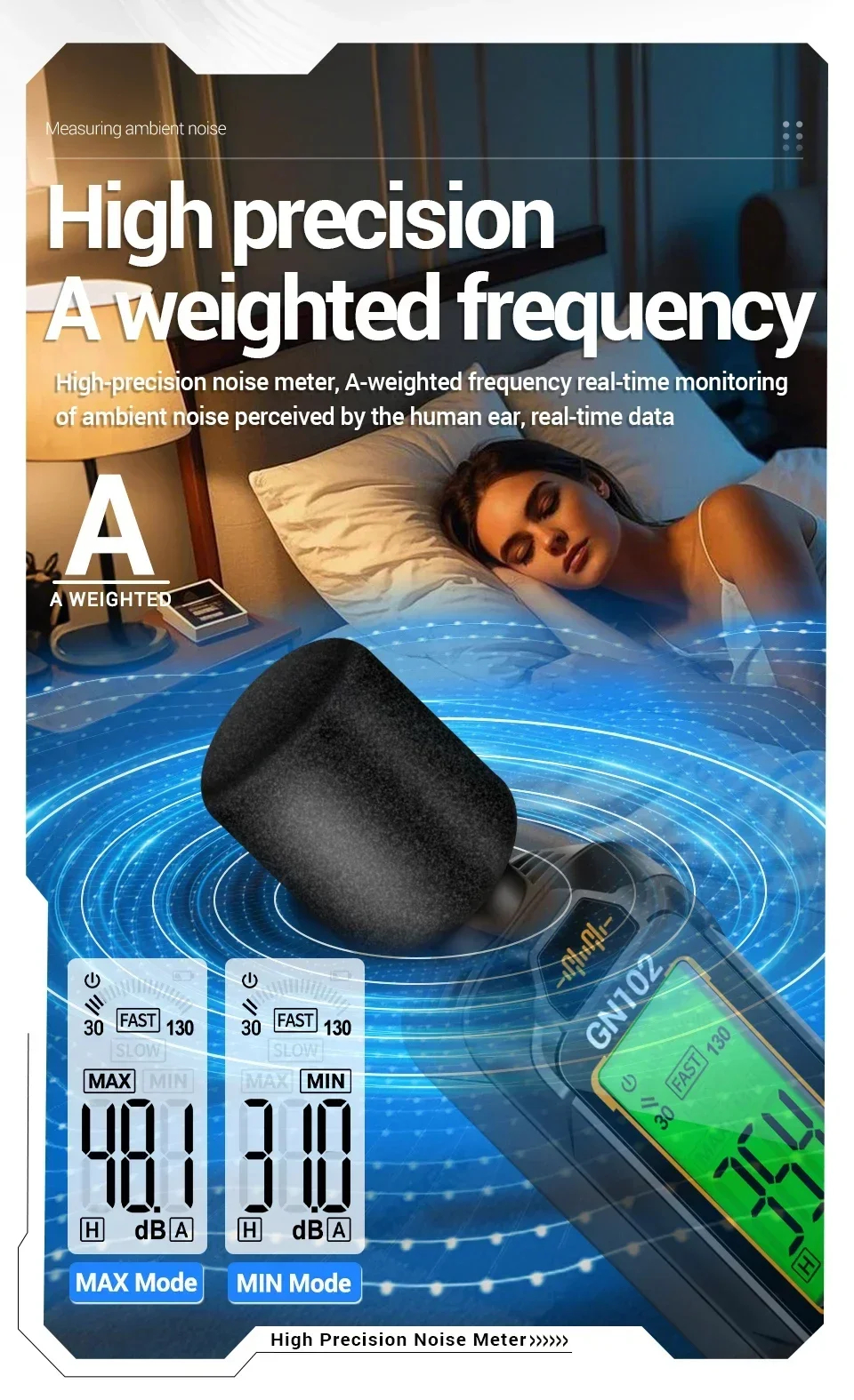 Уред за измерване на шум ANENG GN102, Измерване от 30 до 130 dB, За измерване на шум у дома, в офиса и на работното място - Image 5