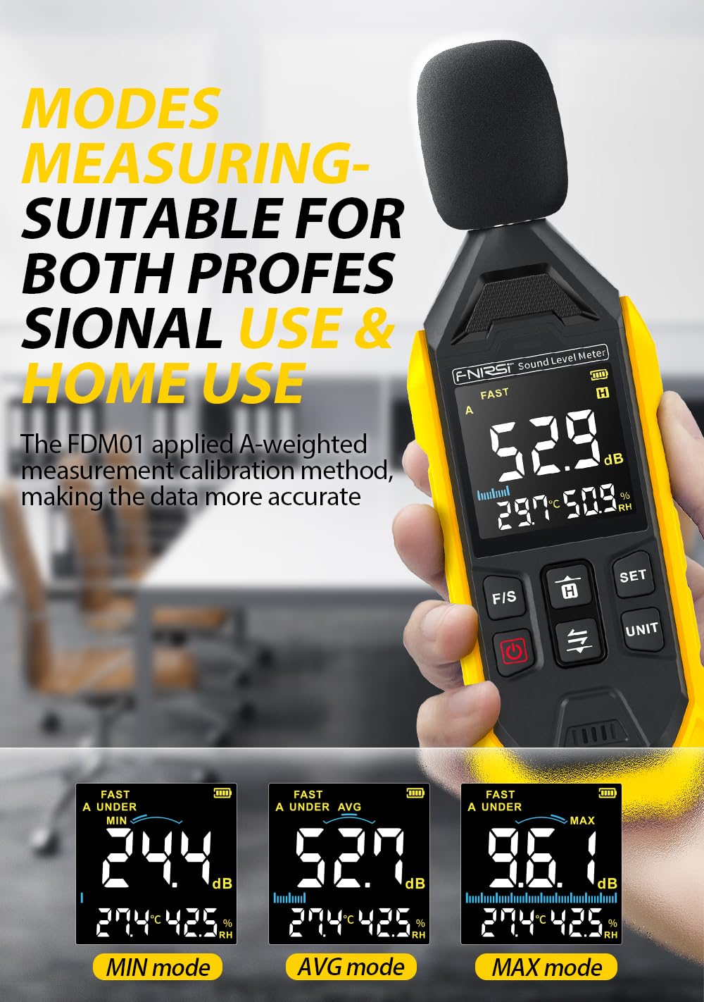 Децибелометър FNIRSI FDM01, 30 до 130 dB, Точност ±1.5 dB, Измерване на температура и влажност - Image 4