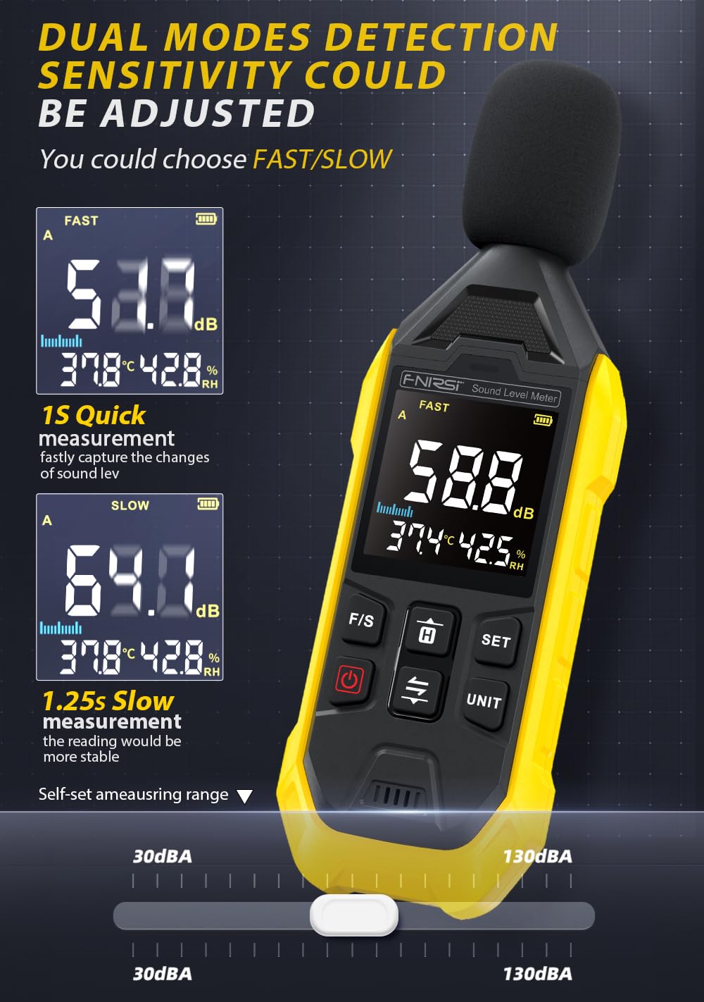 Децибелометър FNIRSI FDM01, 30 до 130 dB, Точност ±1.5 dB, Измерване на температура и влажност - Image 5