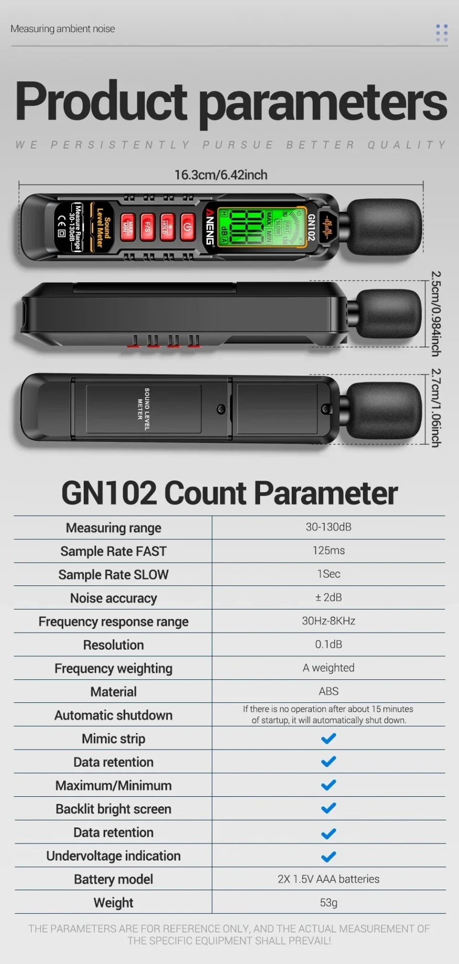 Уред за измерване на шум ANENG GN102, Измерване от 30 до 130 dB, За измерване на шум у дома, в офиса и на работното място - Image 7