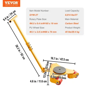 Ролкова количка за тежки товари Vevor GYW 3T, Товароносимост 3 тона, 360° PU колела, За тежки машини и оборудване, Тип танкета - Image 6