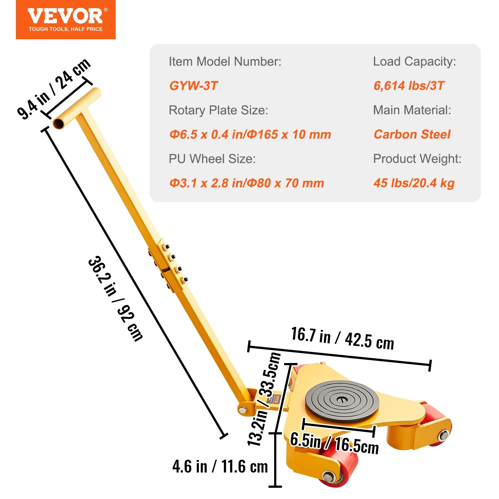 Ролкова количка за тежки товари Vevor GYW 3T, Товароносимост 3 тона, 360° PU колела, За тежки машини и оборудване, Тип танкета - Image 6