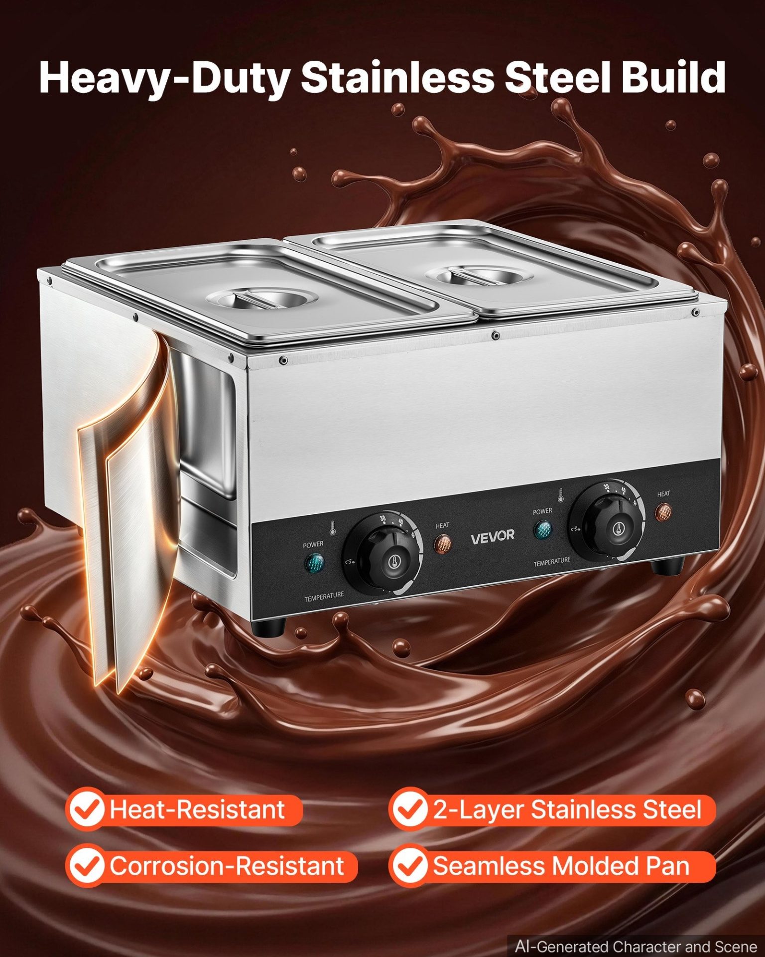 Машина за темпериране на шоколад VEVOR CS-2C, Мощност 1600W, 2 неръждаеми съда, Вместимост 8,2кг. - Image 5