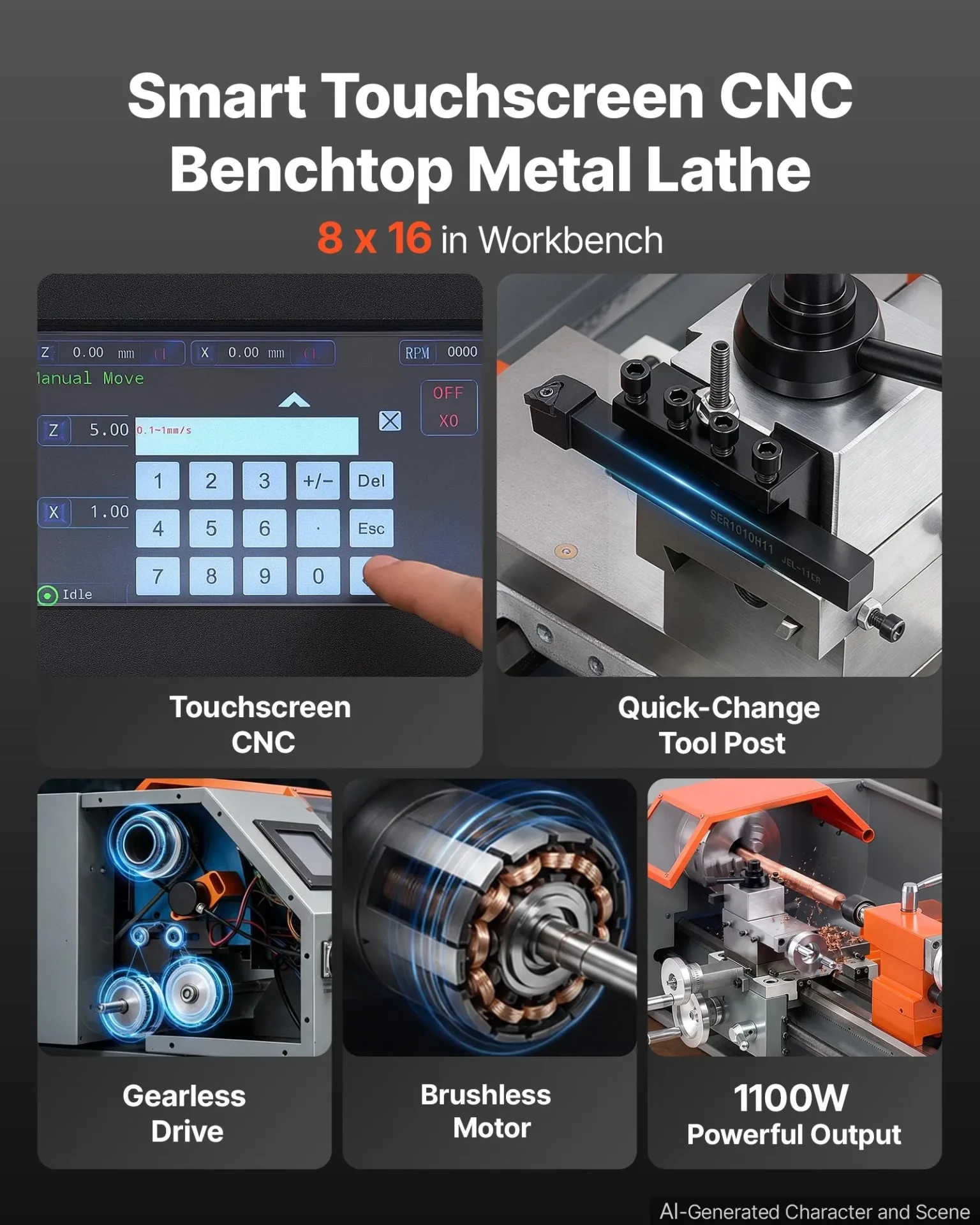 Струг за метал със сензорен CNC контрол Vevor MX-210V, Мощност 1100 W, Разстояние между центровете 400 мм, До 2500 об/мин - Image 2