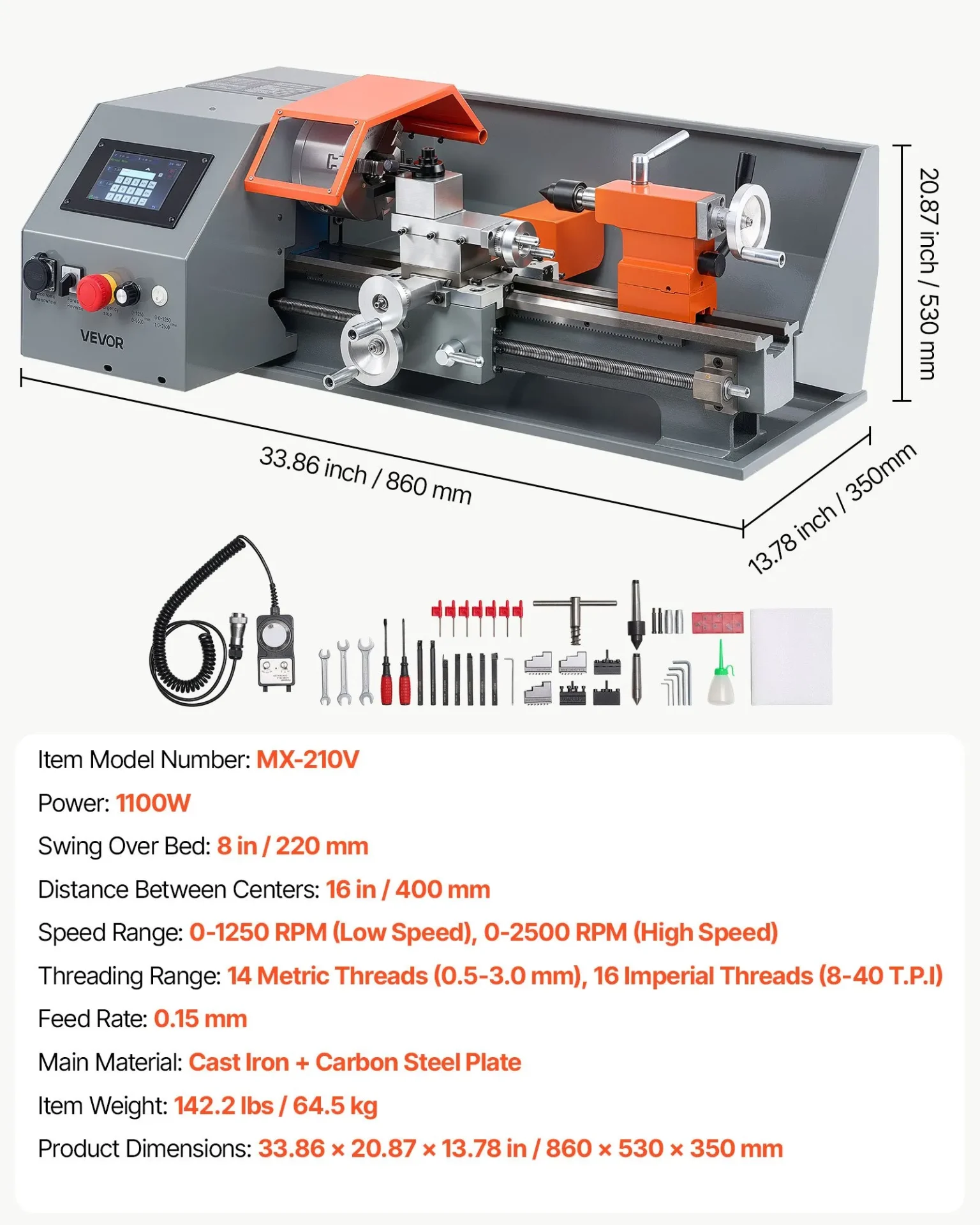 Струг за метал със сензорен CNC контрол Vevor MX-210V, Мощност 1100 W, Разстояние между центровете 400 мм, До 2500 об/мин - Image 7