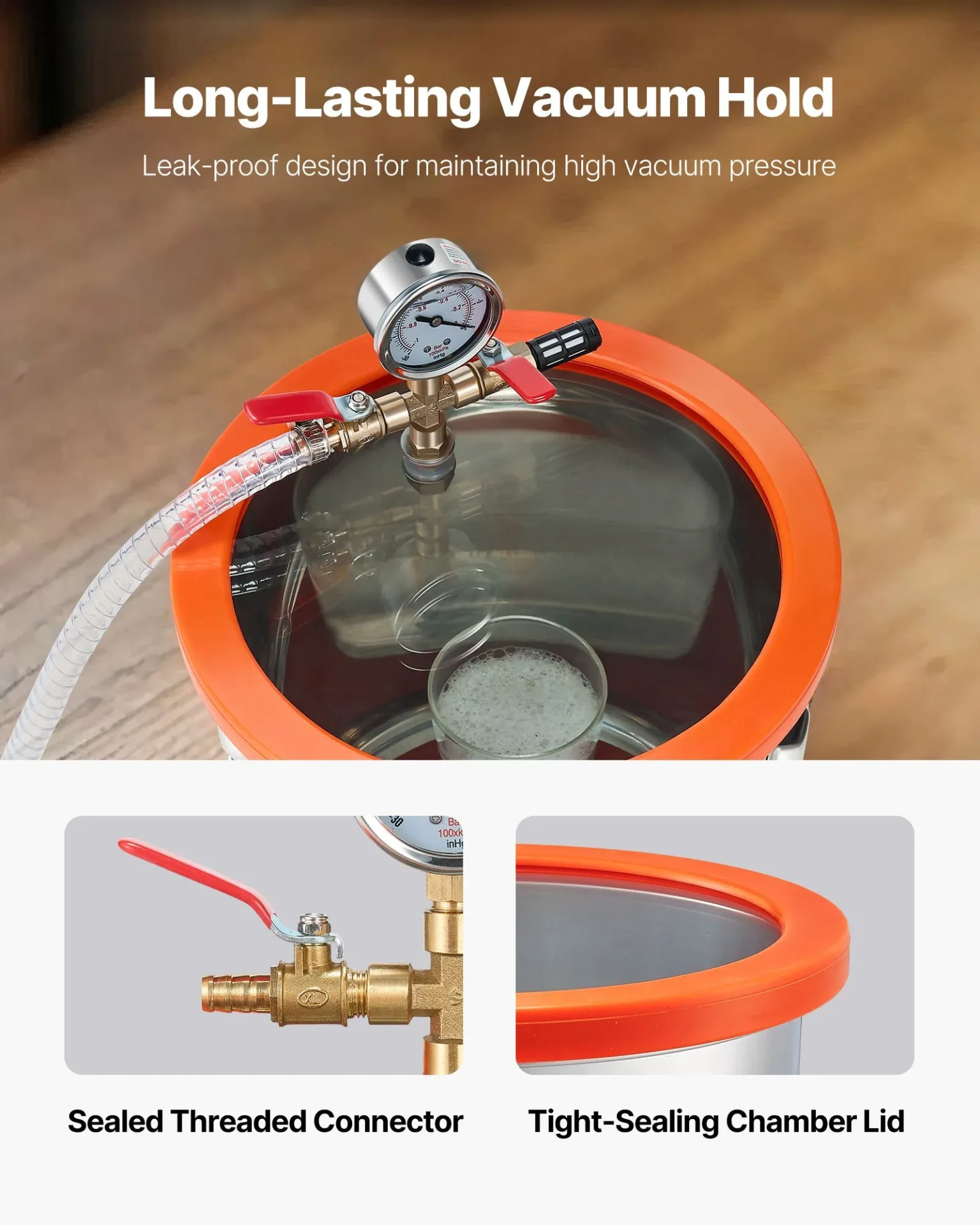 Вакуумна камера с помпа Vevor VP125, Обем 11.36 литра, Дебит 110 л/мин, Мощност 180 W - Image 4
