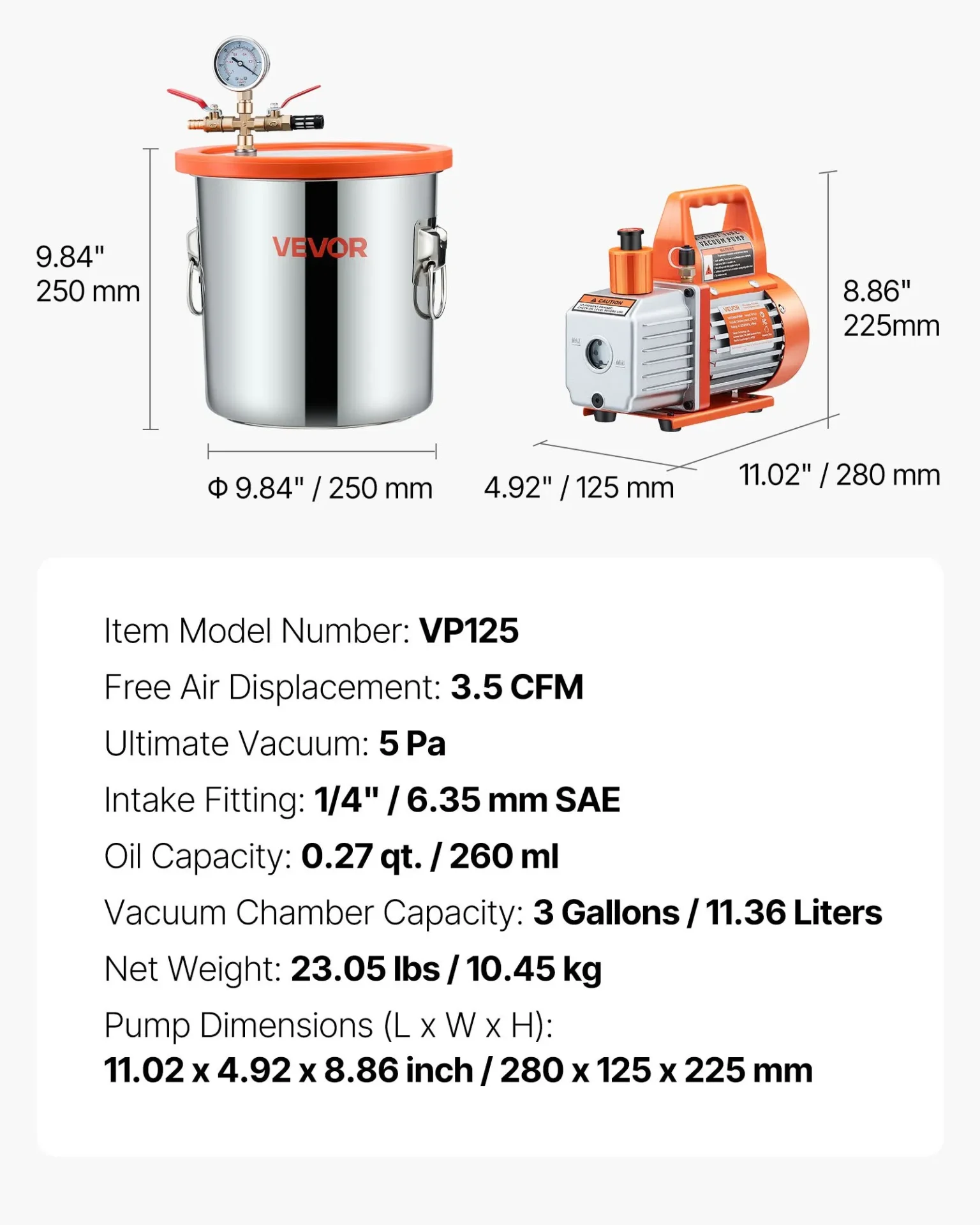 Вакуумна камера с помпа Vevor VP125, Обем 11.36 литра, Дебит 110 л/мин, Мощност 180 W - Image 8