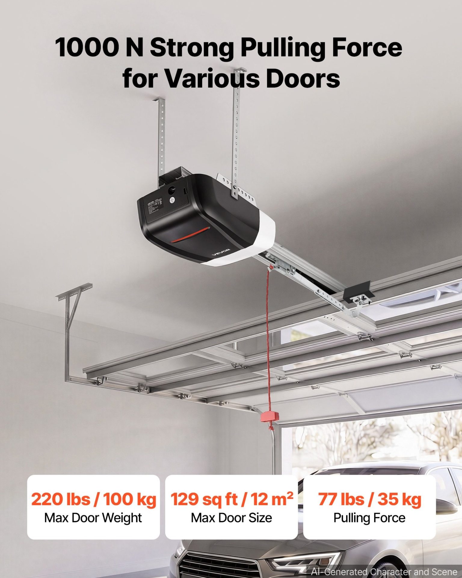 Механизъм за гаражна врата VEVOR ZTQ1000, Теглителна сила 1000 N, Мощност 130 W, Ремъчно задвижване - Image 3