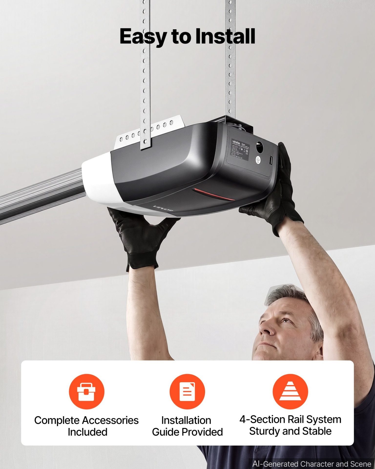 Механизъм за гаражна врата VEVOR ZTQ1000, Теглителна сила 1000 N, Мощност 130 W, Ремъчно задвижване - Image 5