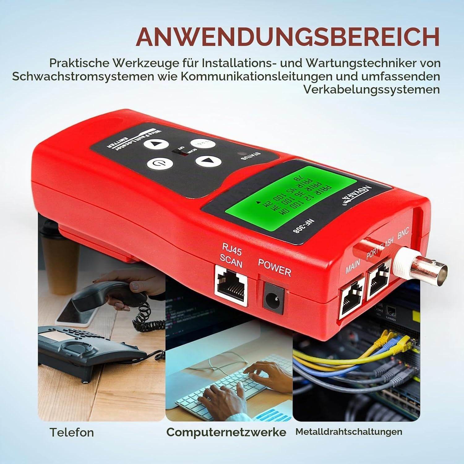 Кабелен тестер NOYAFA NF-308S, Измерване до 350 м, Поддържани връзки RJ45, RJ11, BNC и USB, Поддържани мрежови кабели CAT5e и CAT6 - Image 2