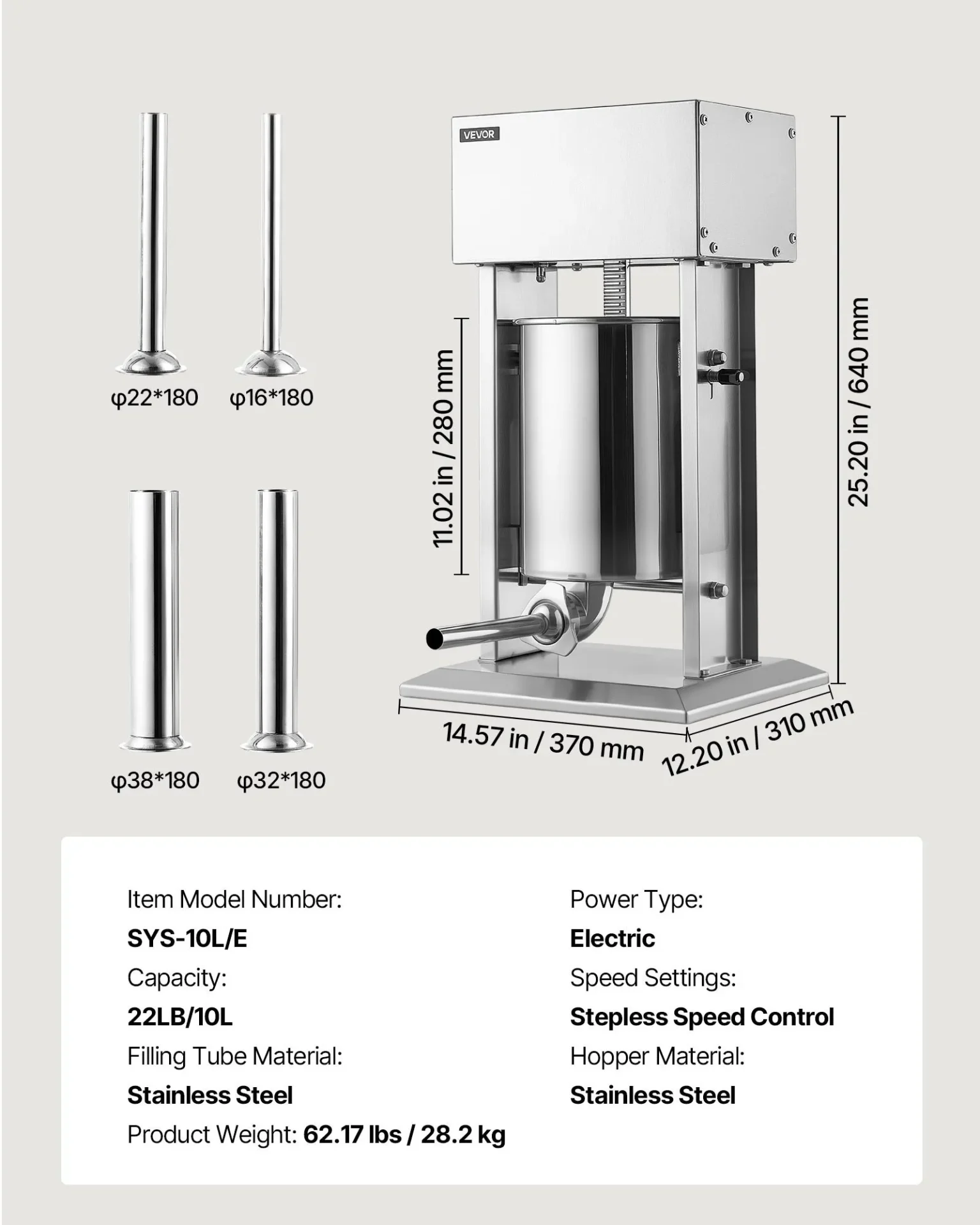 Пълначка за месо на ток Vevor SYS-10L/E, Капацитет 10 литра, Мощност 200 W, Безстепенно регулиране на скоростта - Image 7